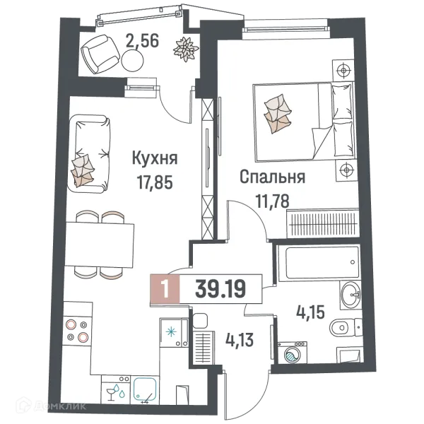 Планировка 1 комн. в ЖК "Авиатор"