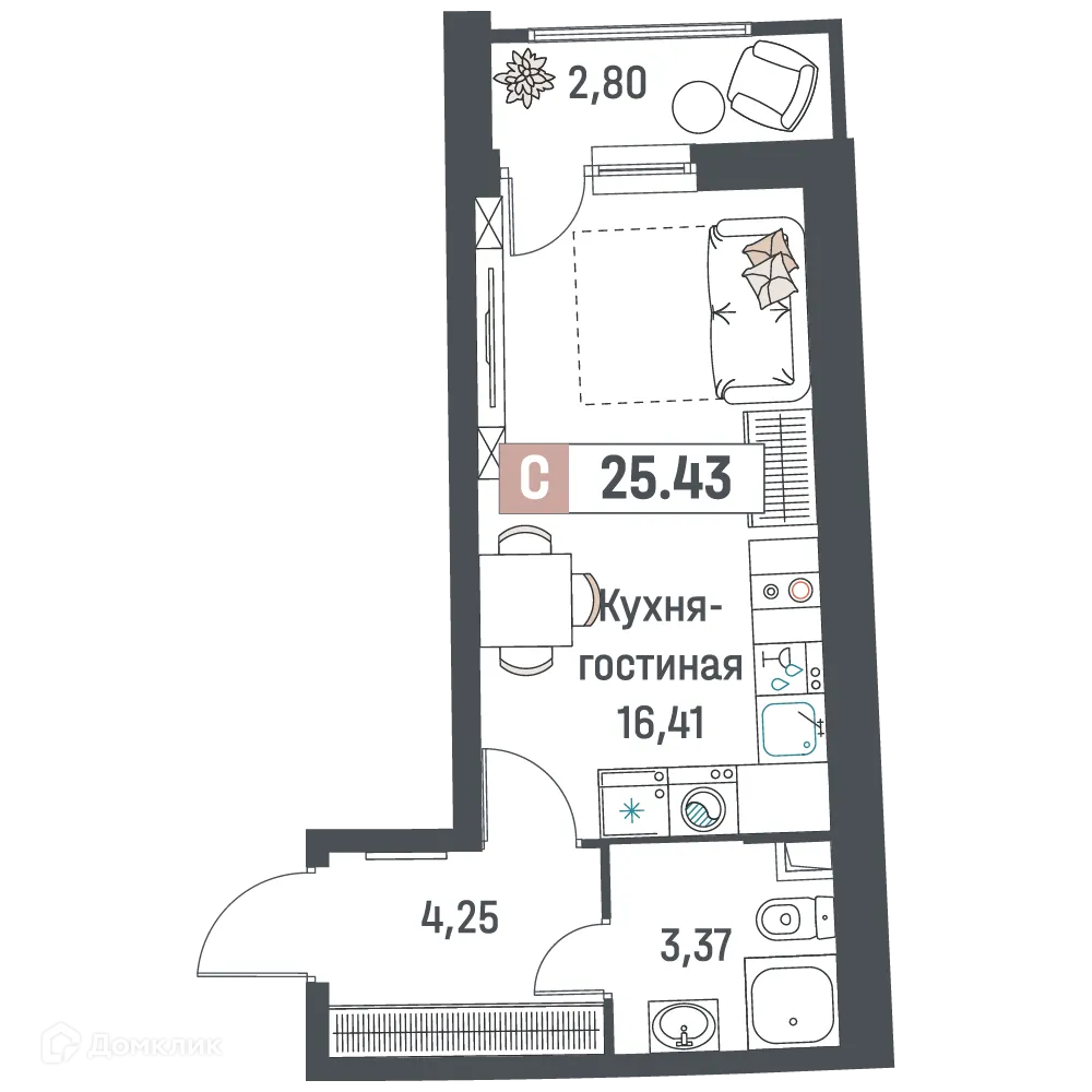 Планировка студии квартиры 25.43 м² в ЖК "Авиатор", г. Мурино — фото 1