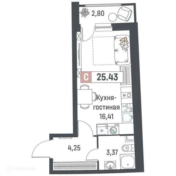 Планировка Студия в ЖК "Авиатор"