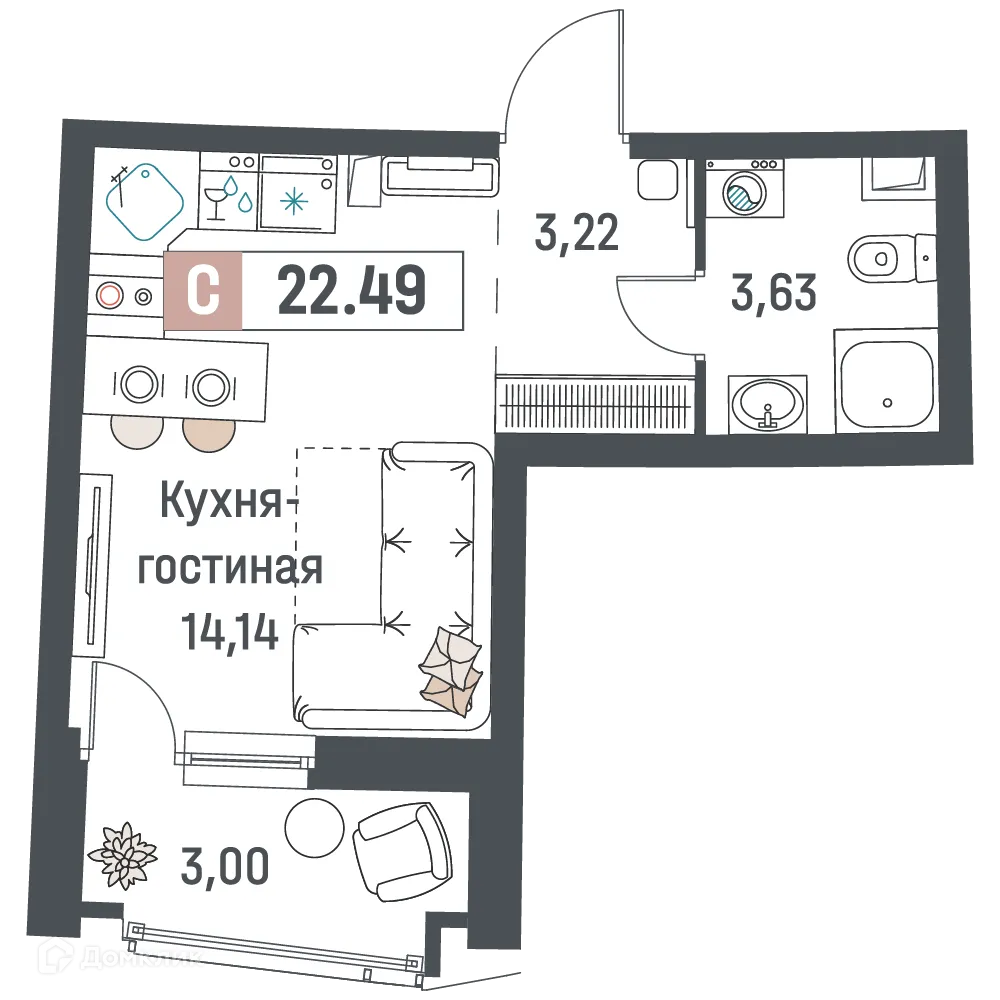 Планировка студии квартиры 22.49 м² в ЖК "Авиатор", г. Мурино — фото 1