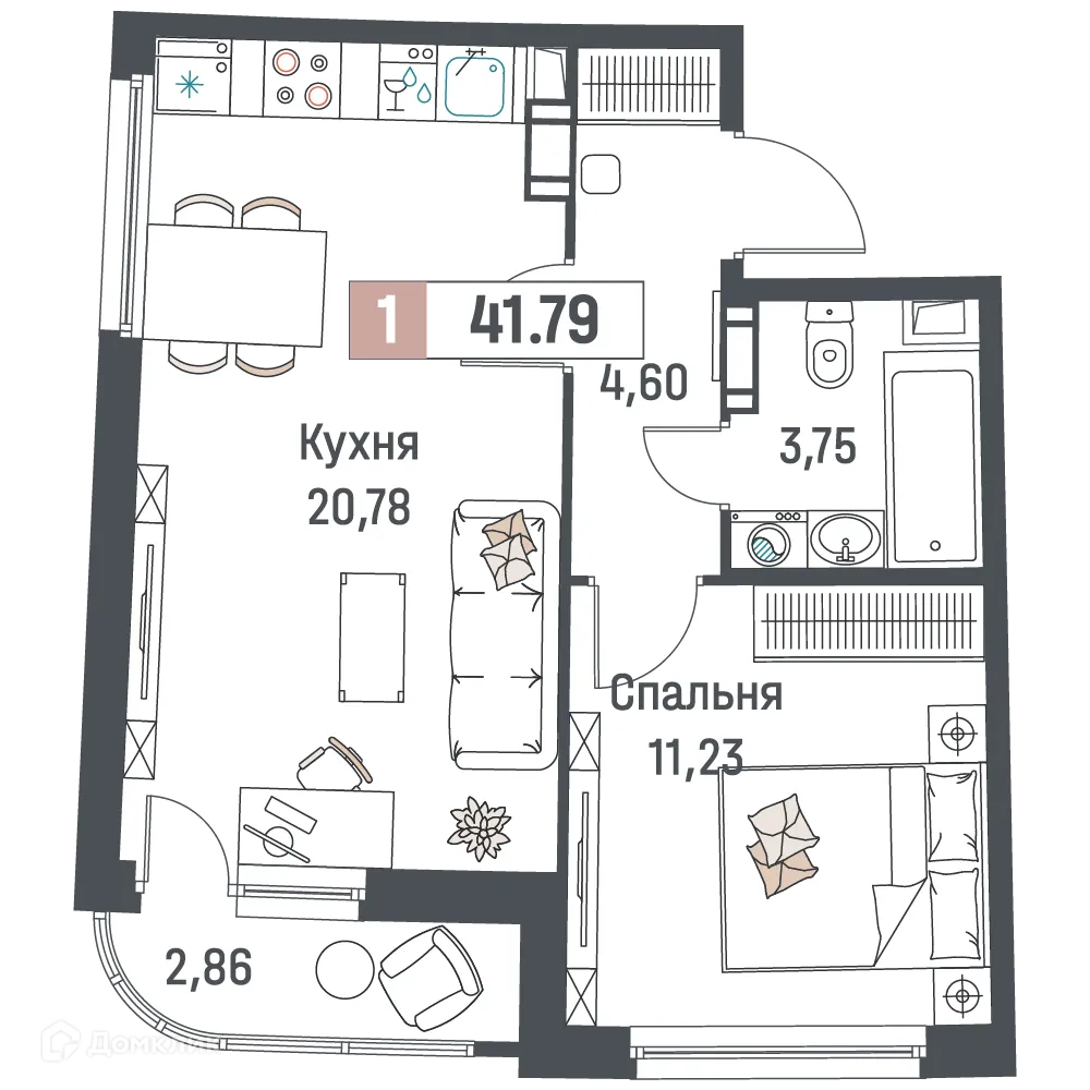 Планировка 1-комнатной квартиры 41.79 м² в ЖК "Авиатор", г. Мурино — фото 1