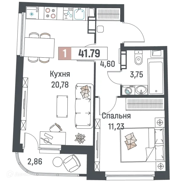 Планировка 1 комн. в ЖК "Авиатор"