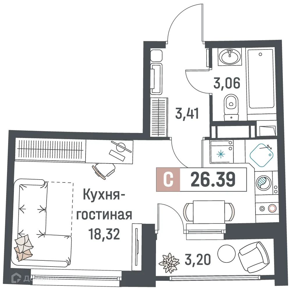 Планировка студии квартиры 26.39 м² в ЖК "Авиатор", г. Мурино — фото 1
