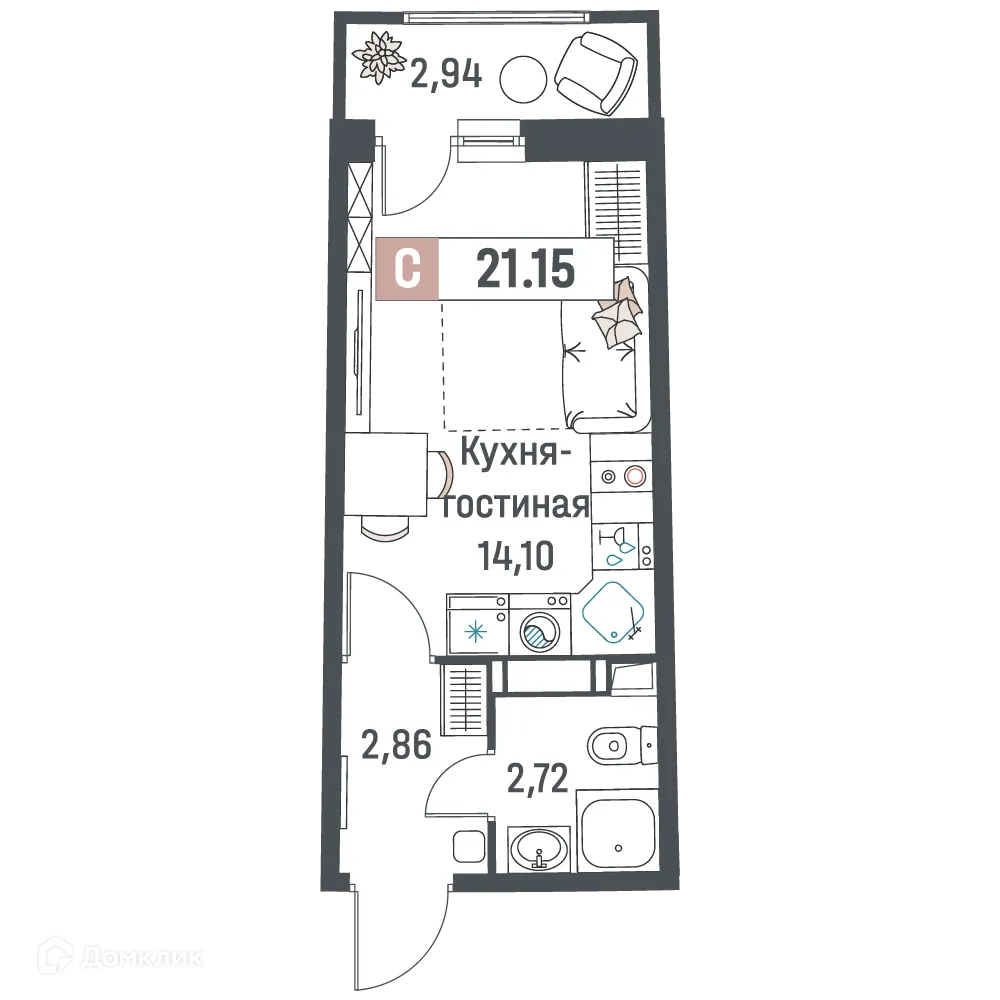 Планировка студии квартиры 21.15 м² в ЖК "Авиатор", г. Мурино — фото 1