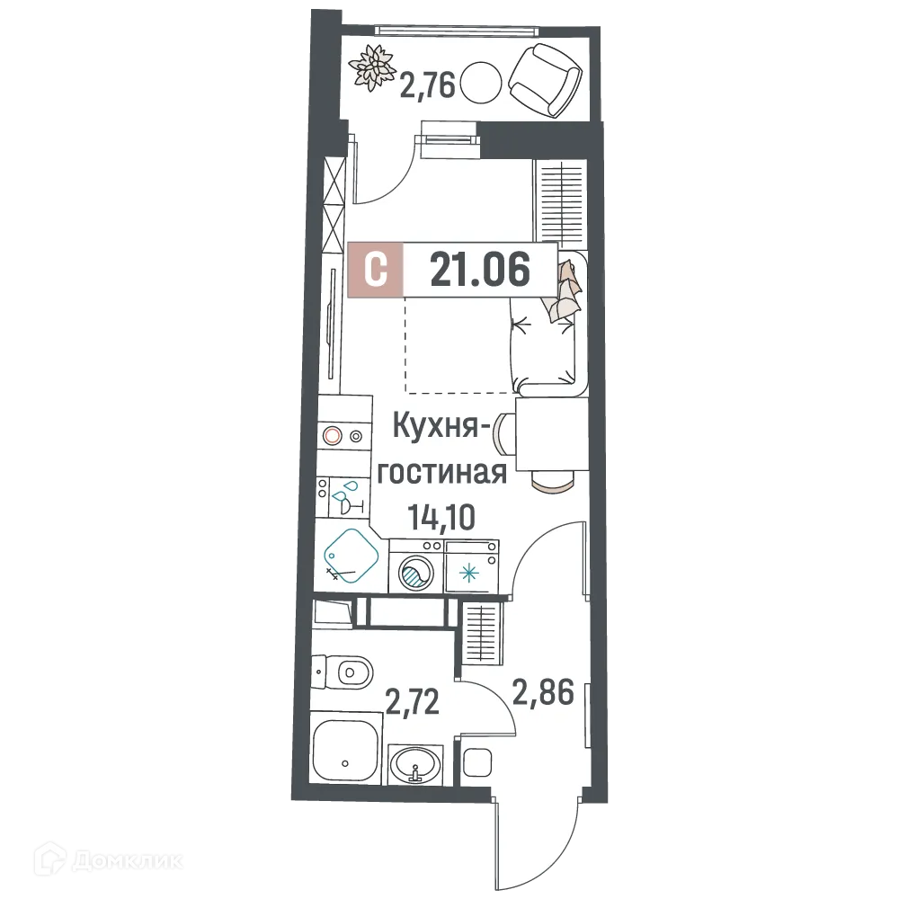 Планировка студии квартиры 21.06 м² в ЖК "Авиатор", г. Мурино — фото 1