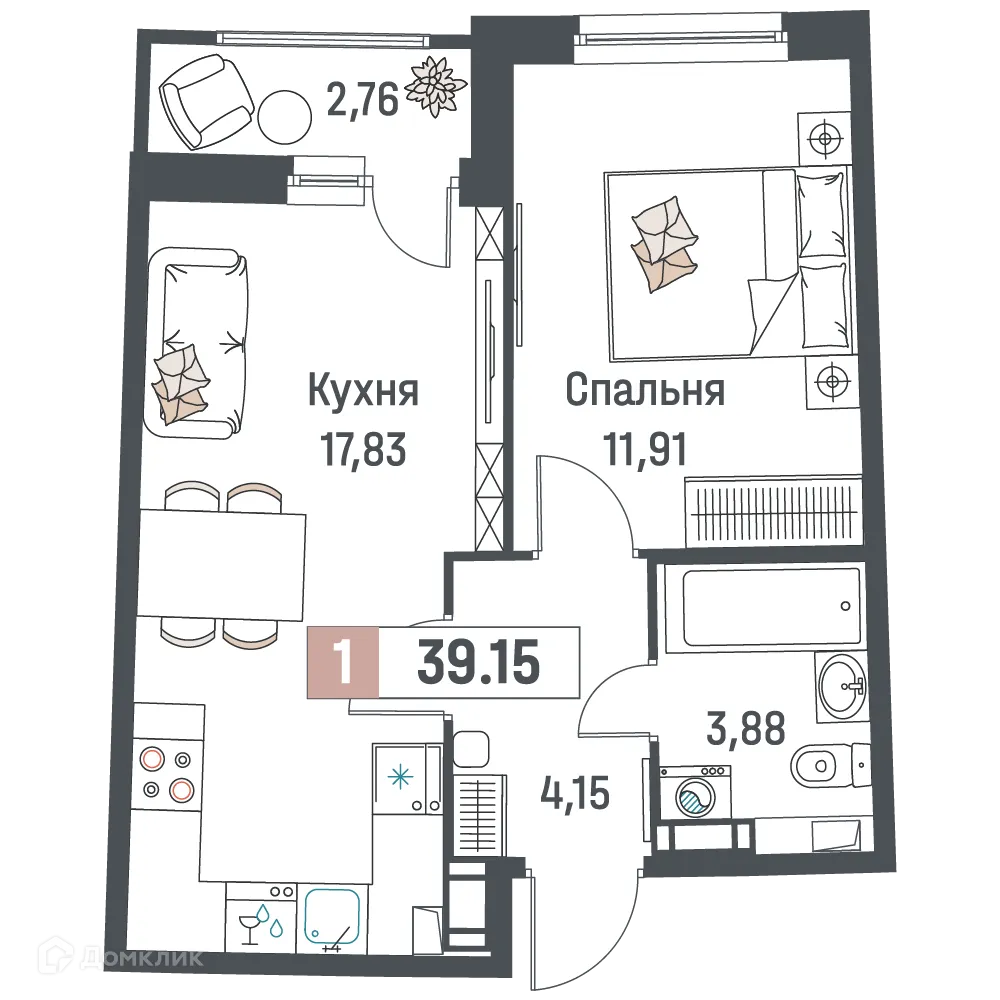 Планировка 1-комнатной квартиры 39.15 м² в ЖК "Авиатор", г. Мурино — фото 1