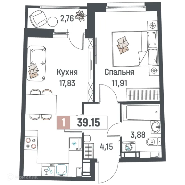 Планировка 1 комн. в ЖК "Авиатор"