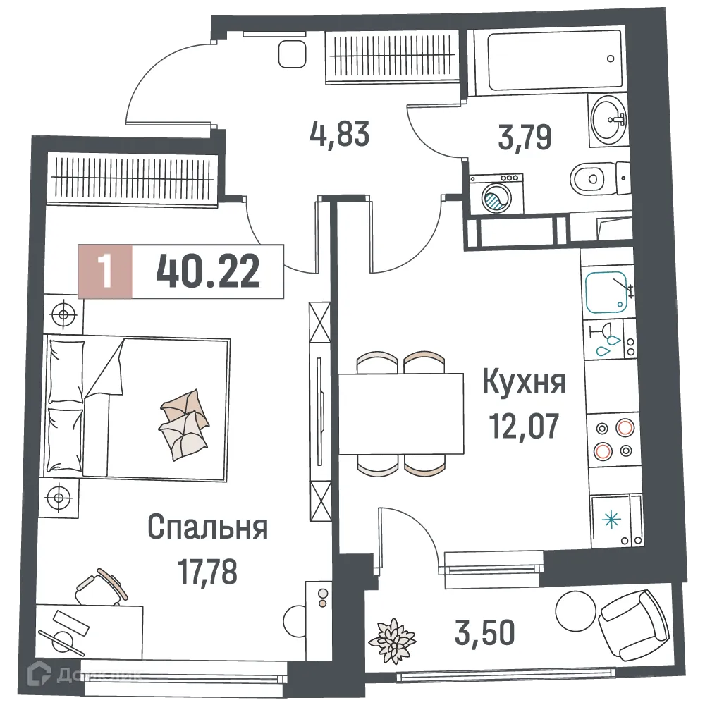 Планировка 1-комнатной квартиры 40.22 м² в ЖК "Авиатор", г. Мурино — фото 1