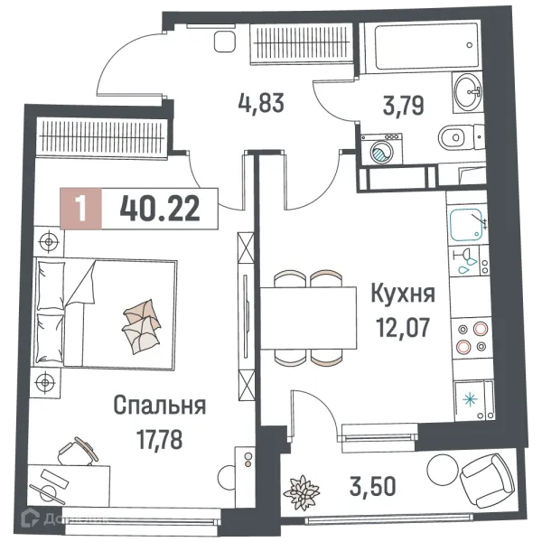 Планировка 1 комн. в ЖК "Авиатор"