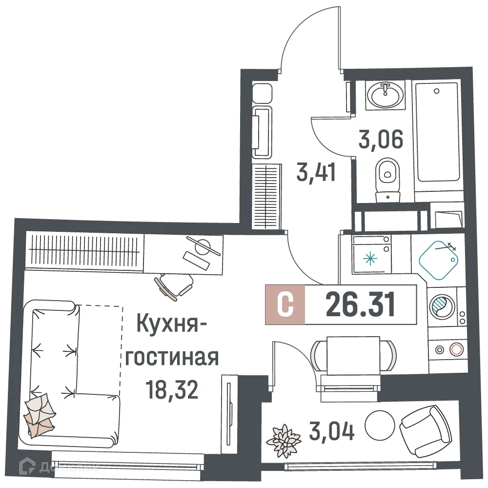 Планировка студии квартиры 26.31 м² в ЖК "Авиатор", г. Мурино — фото 1