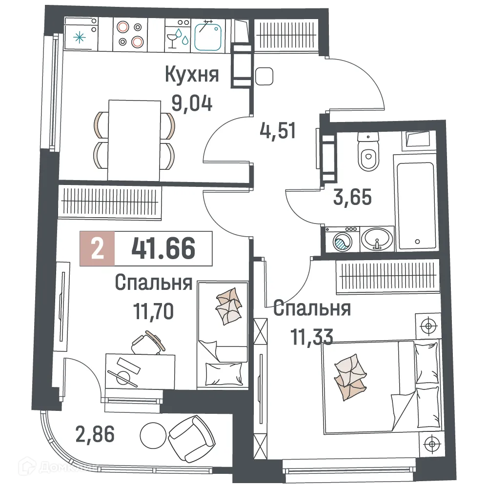 Планировка 2-комнатной квартиры 41.66 м² в ЖК "Авиатор", г. Мурино — фото 1