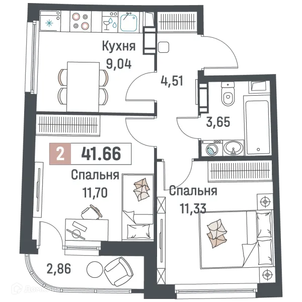 Планировка 2 комн. в ЖК "Авиатор"
