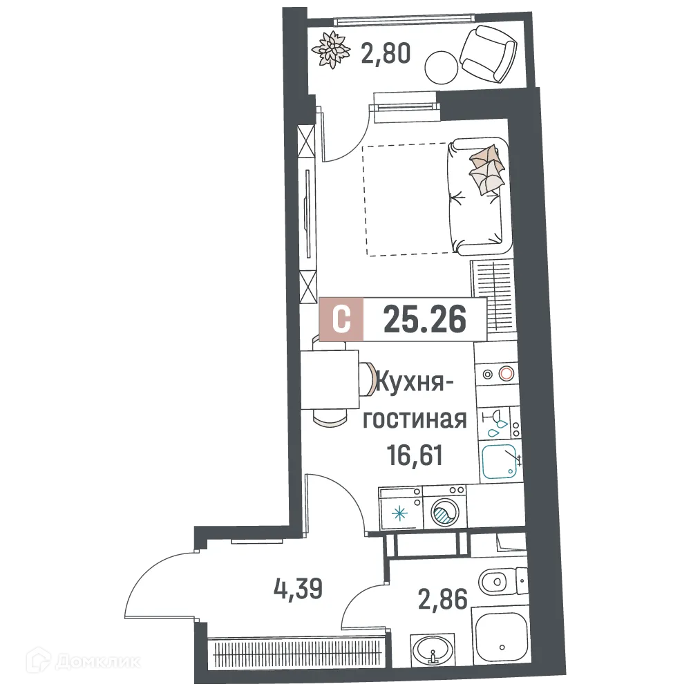 Планировка студии квартиры 25.26 м² в ЖК "Авиатор", г. Мурино — фото 1