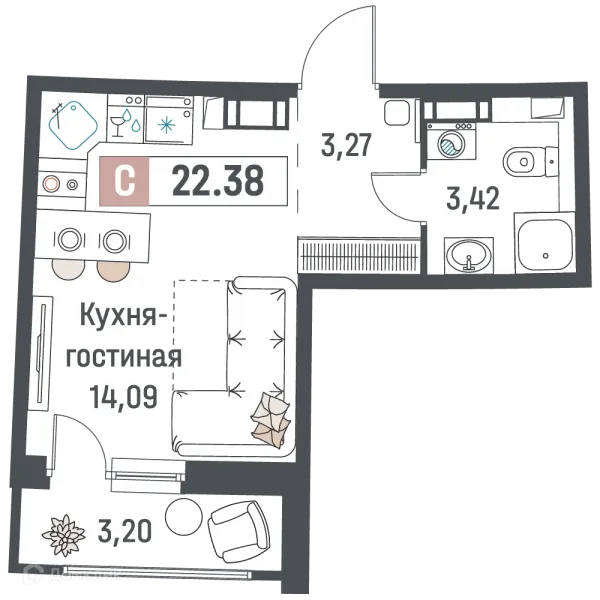 Планировка Студия в ЖК "Авиатор"