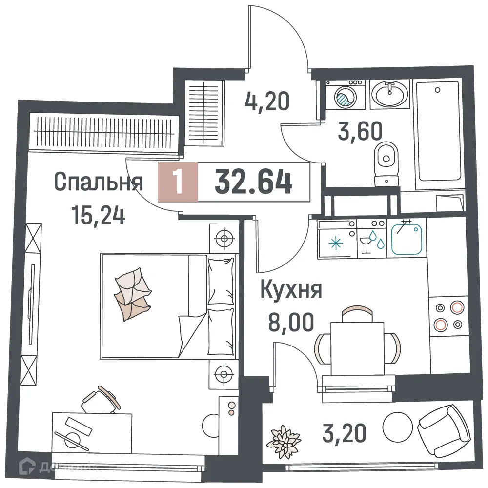 Планировка 1-комнатной квартиры 32.64 м² в ЖК "Авиатор", г. Мурино — фото 1