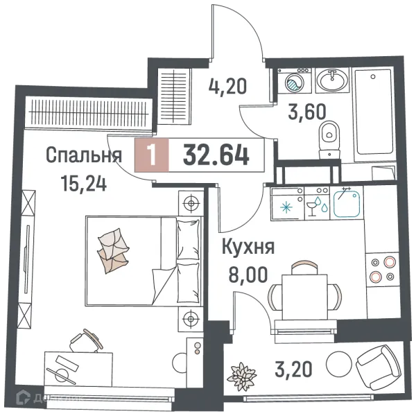 Планировка 1 комн. в ЖК "Авиатор"