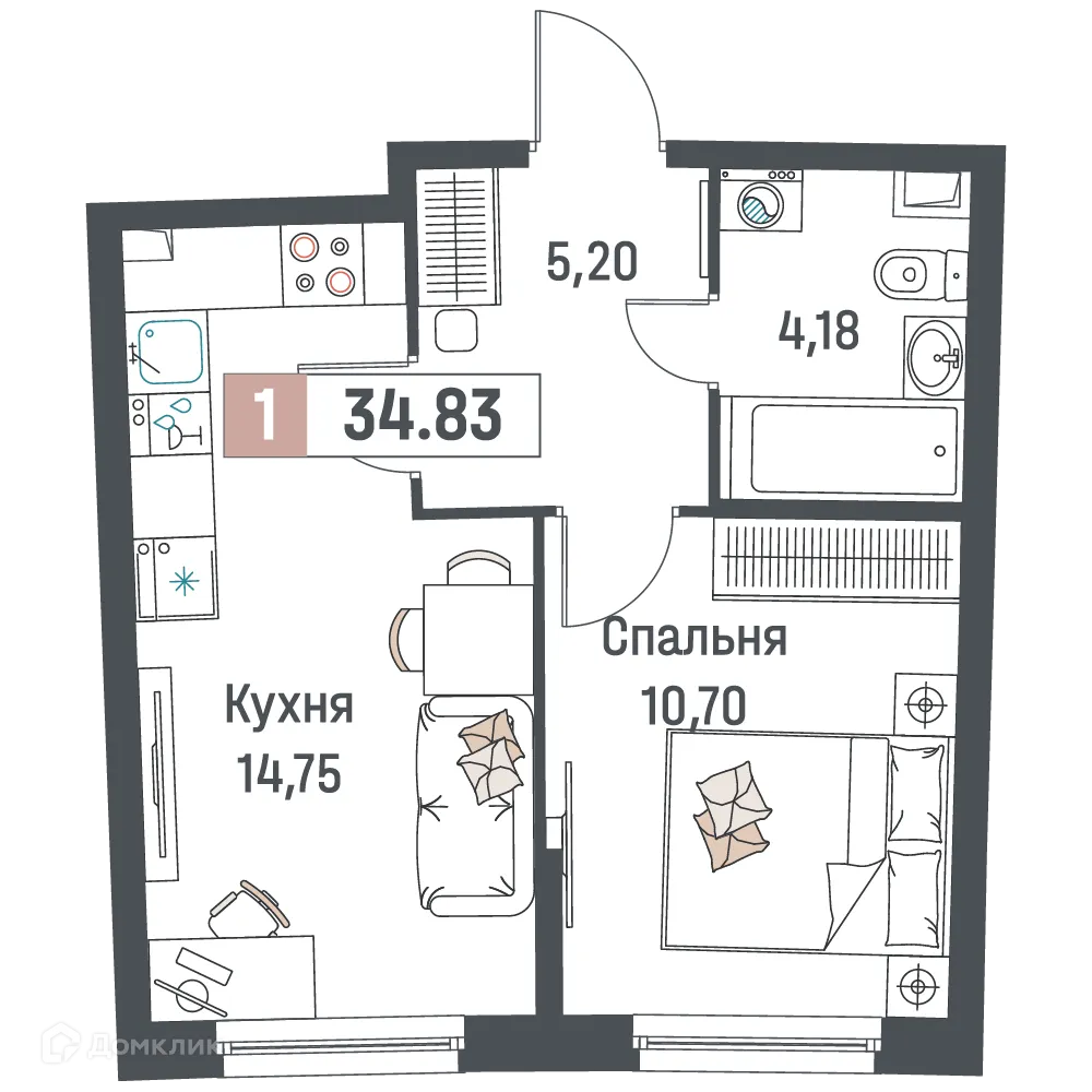 Планировка 1-комнатной квартиры 34.83 м² в ЖК "Авиатор", г. Мурино — фото 1