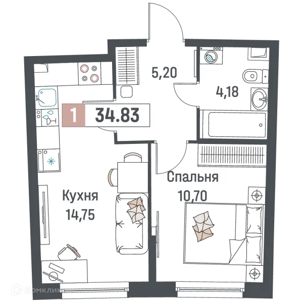 Планировка 1 комн. в ЖК "Авиатор"