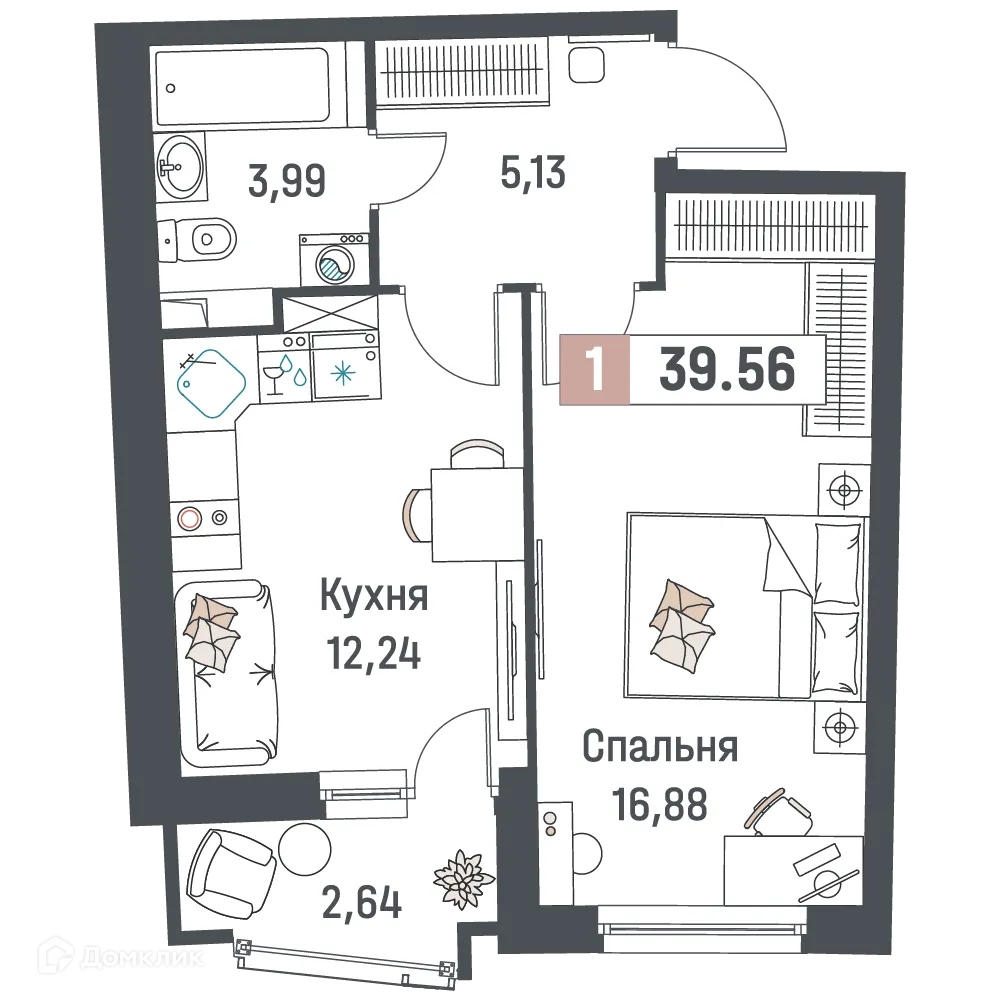 Планировка 1-комнатной квартиры 39.56 м² в ЖК "Авиатор", г. Мурино — фото 1