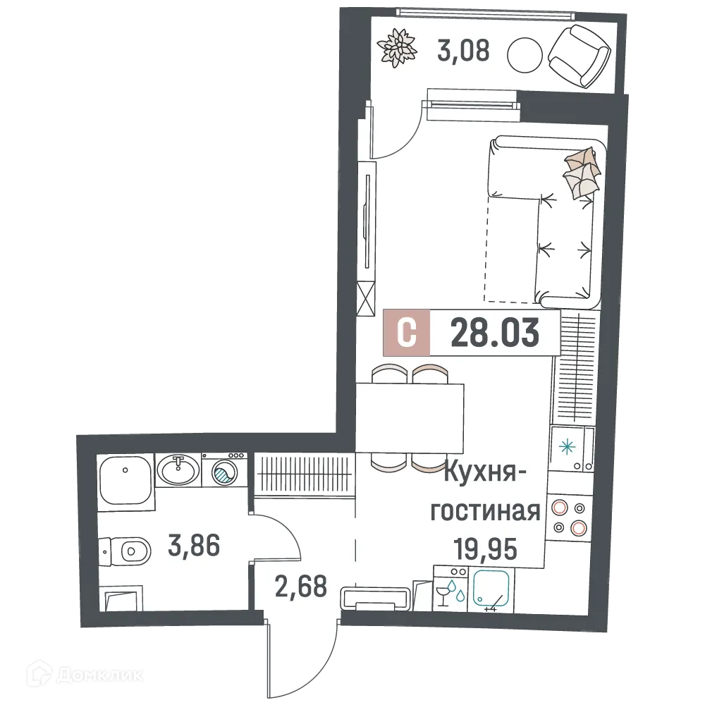 Планировка студии квартиры 28.03 м² в ЖК "Авиатор", г. Мурино — фото 1