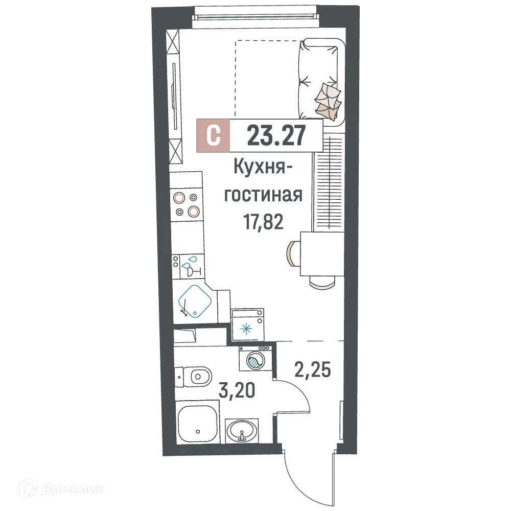 Планировка студии квартиры 23.27 м² в ЖК "Авиатор", г. Мурино — фото 1