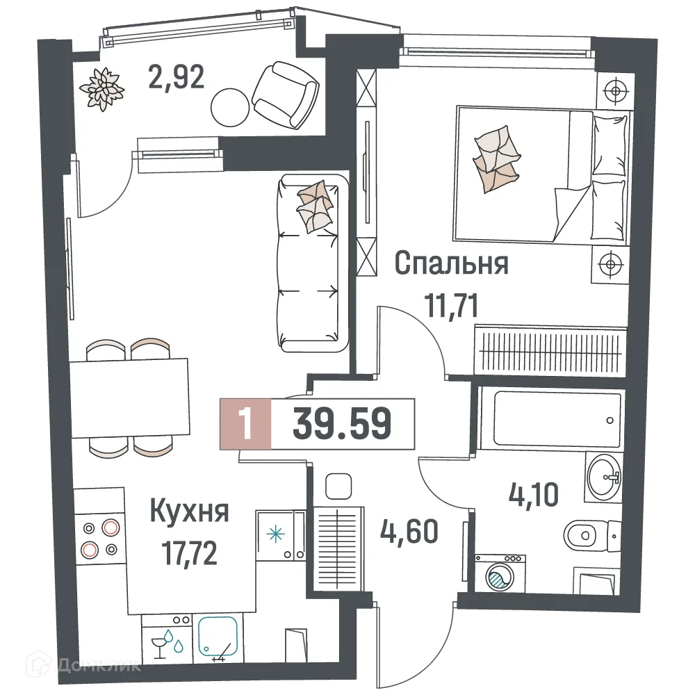 Планировка 1-комнатной квартиры 39.59 м² в ЖК "Авиатор", г. Мурино — фото 1