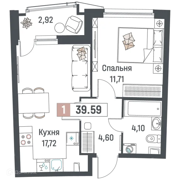 Планировка 1 комн. в ЖК "Авиатор"