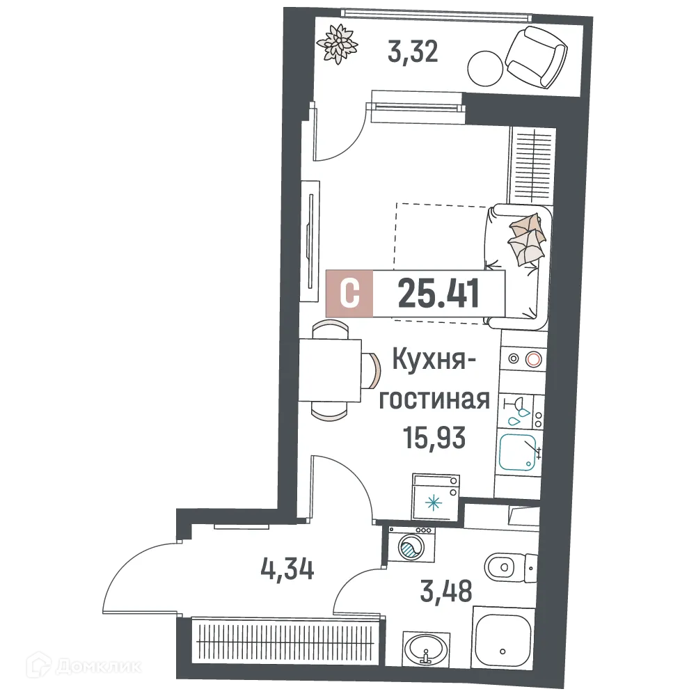 Планировка студии квартиры 25.41 м² в ЖК "Авиатор", г. Мурино — фото 1