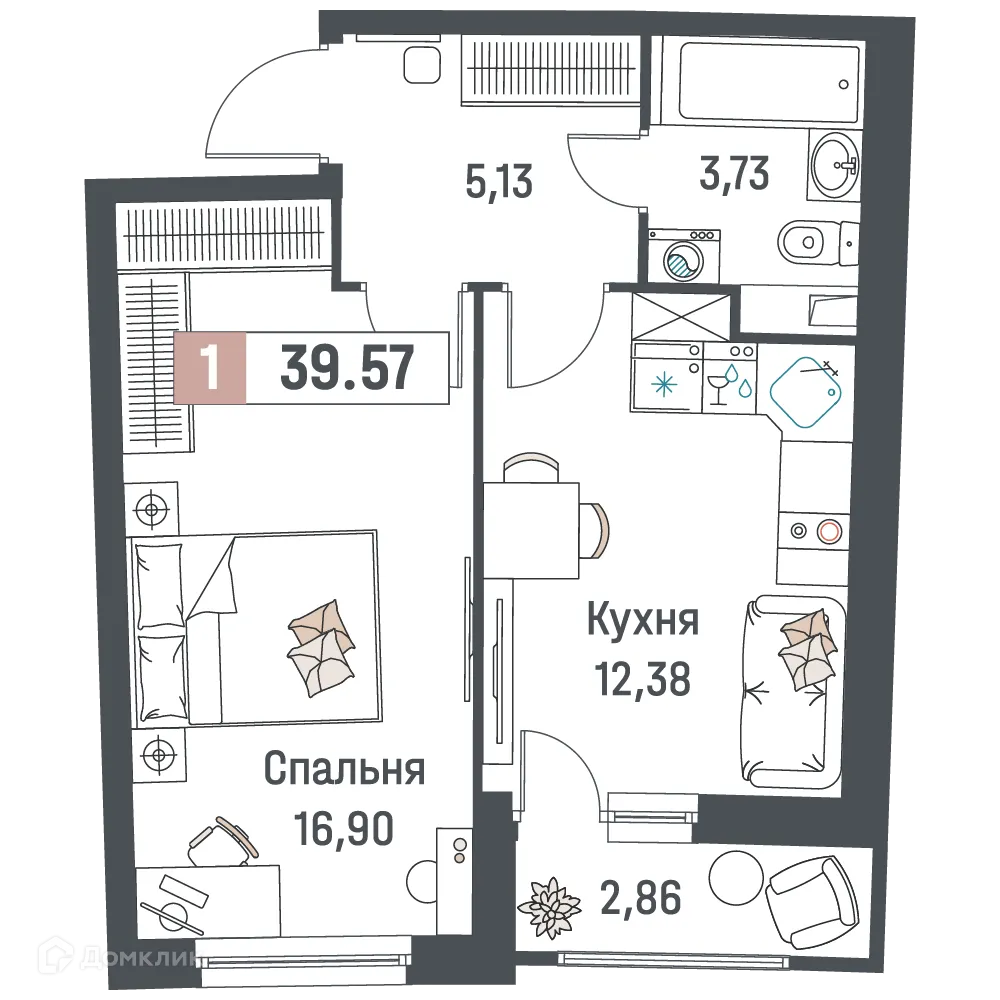 Планировка 1-комнатной квартиры 39.57 м² в ЖК "Авиатор", г. Мурино — фото 1