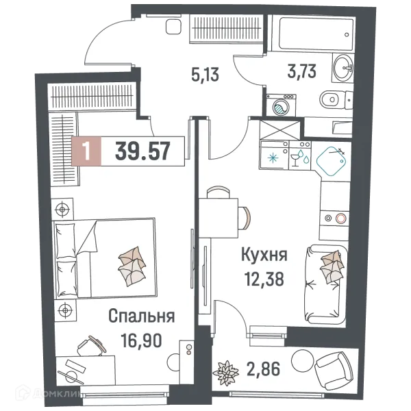 Планировка 1 комн. в ЖК "Авиатор"