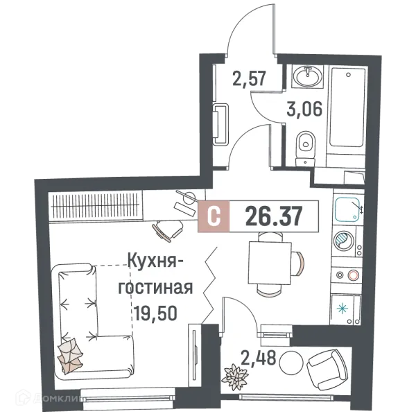 Планировка Студия в ЖК "Авиатор"