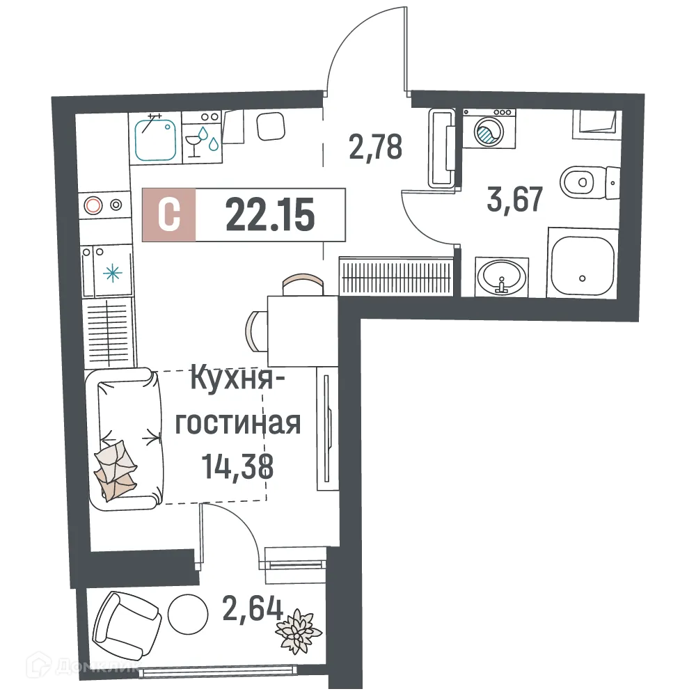 Планировка студии квартиры 22.15 м² в ЖК "Авиатор", г. Мурино — фото 1
