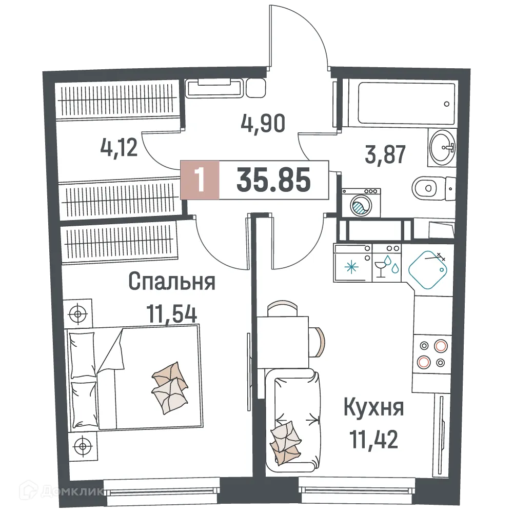 Планировка 1-комнатной квартиры 35.85 м² в ЖК "Авиатор", г. Мурино — фото 1