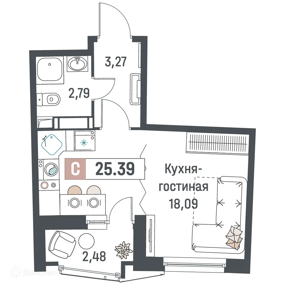 Планировка студии квартиры 25.39 м² в ЖК "Авиатор", г. Мурино — фото 1