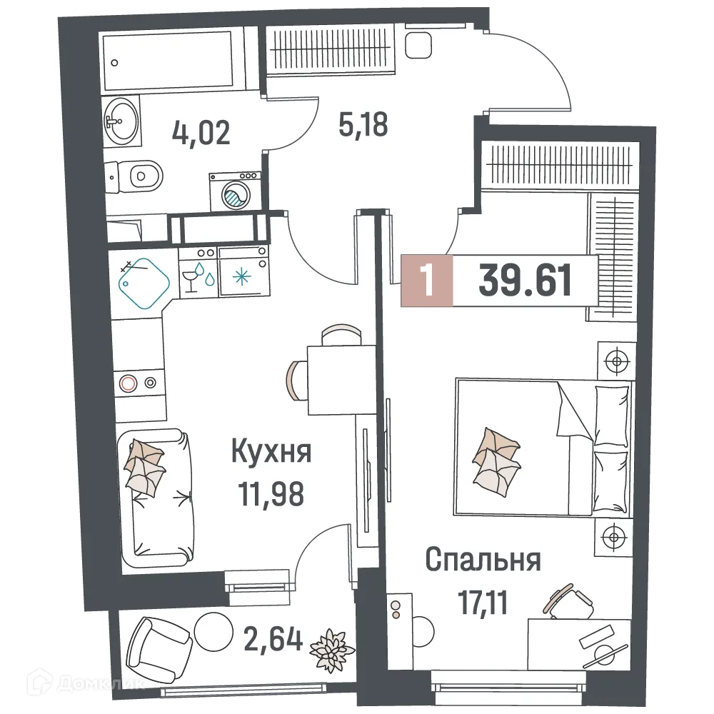 Планировка 1-комнатной квартиры 39.61 м² в ЖК "Авиатор", г. Мурино — фото 1