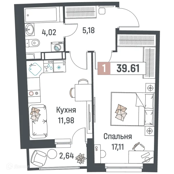 Планировка 1 комн. в ЖК "Авиатор"