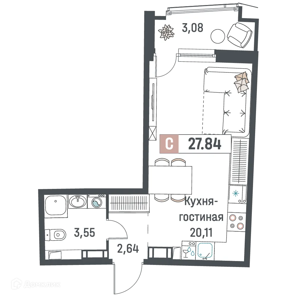 Планировка студии квартиры 27.84 м² в ЖК "Авиатор", г. Мурино — фото 1
