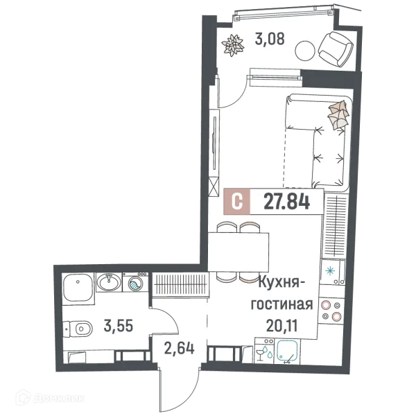 Планировка Студия в ЖК "Авиатор"