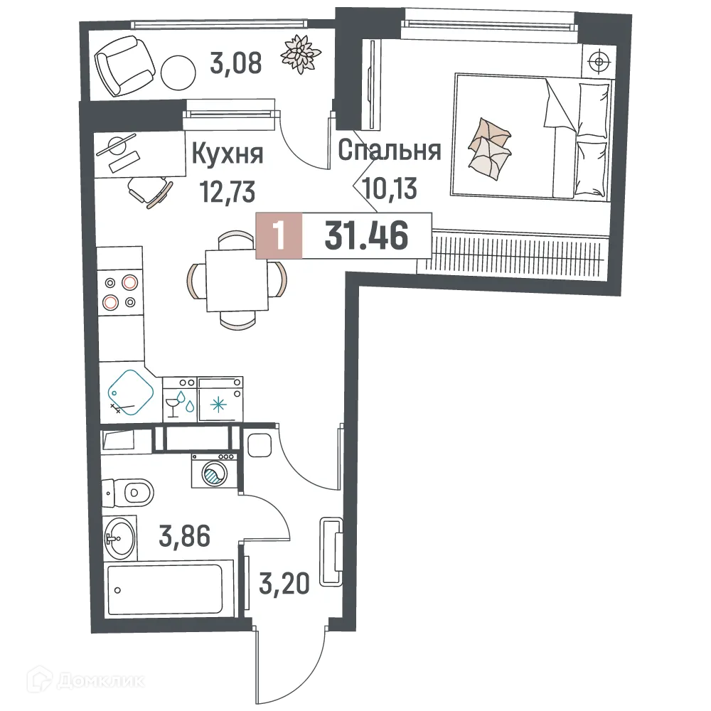 Планировка 1-комнатной квартиры 31.46 м² в ЖК "Авиатор", г. Мурино — фото 1