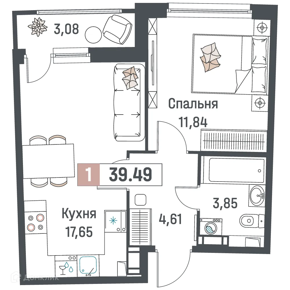 Планировка 1-комнатной квартиры 39.49 м² в ЖК "Авиатор", г. Мурино — фото 1