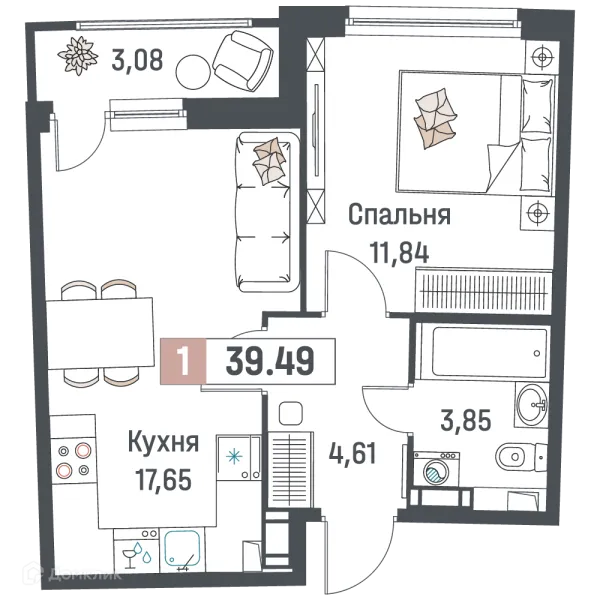 Планировка 1 комн. в ЖК "Авиатор"