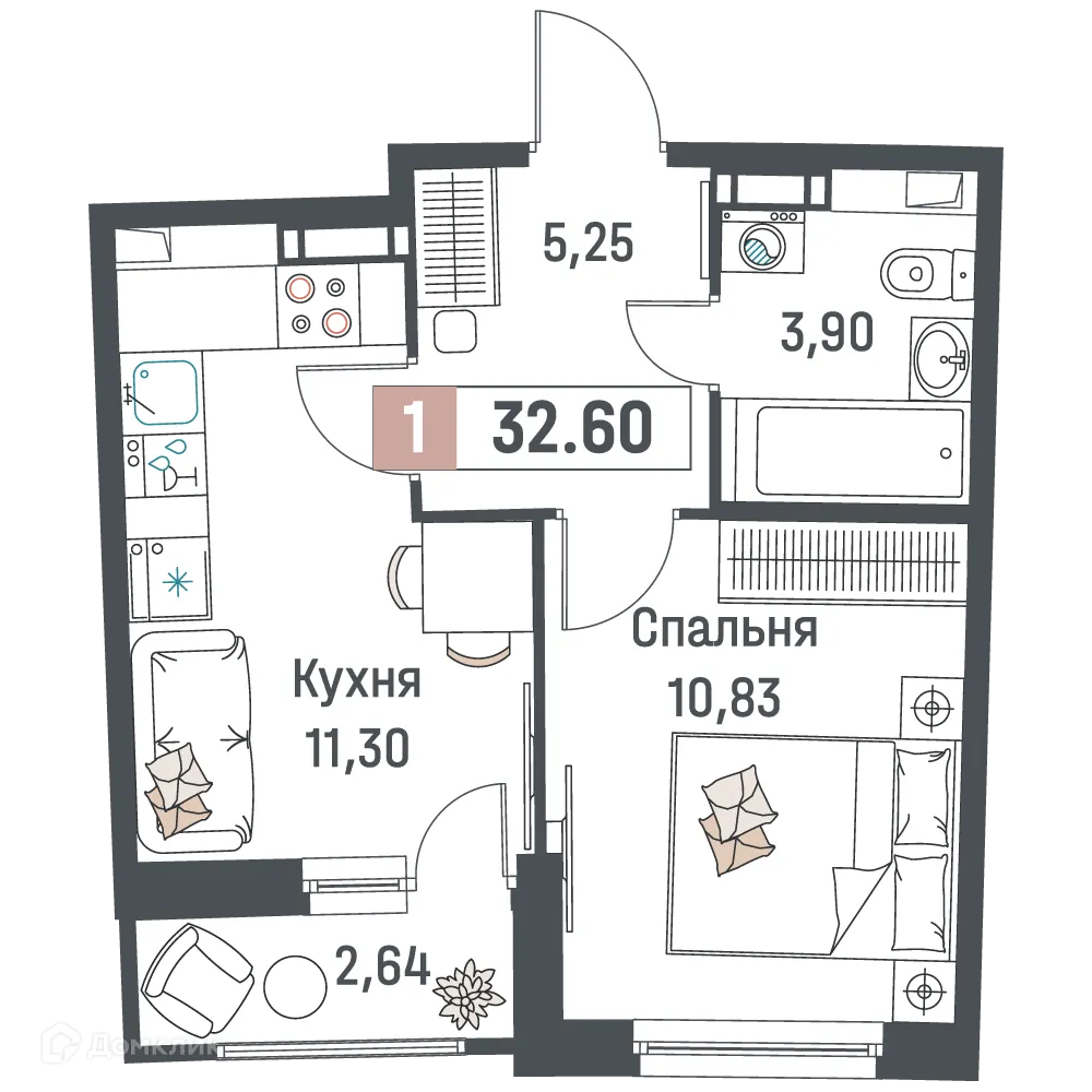 Планировка 1-комнатной квартиры 32.6 м² в ЖК "Авиатор", г. Мурино — фото 1