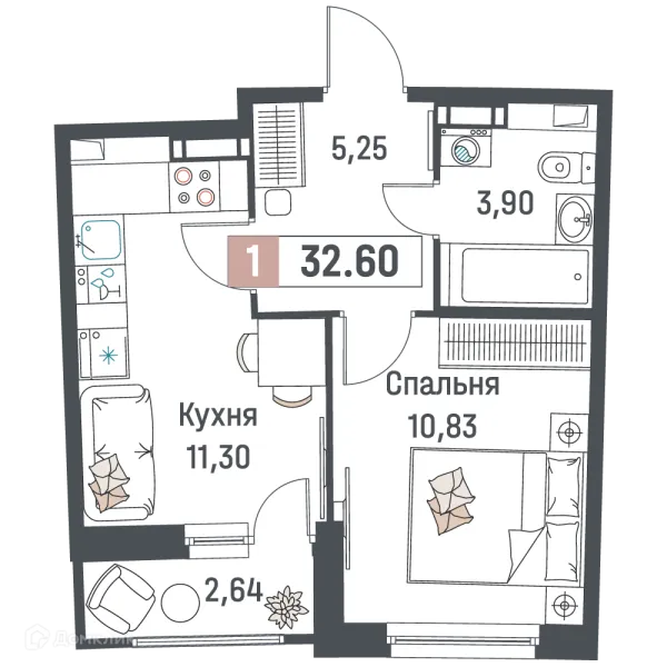 Планировка 1 комн. в ЖК "Авиатор"