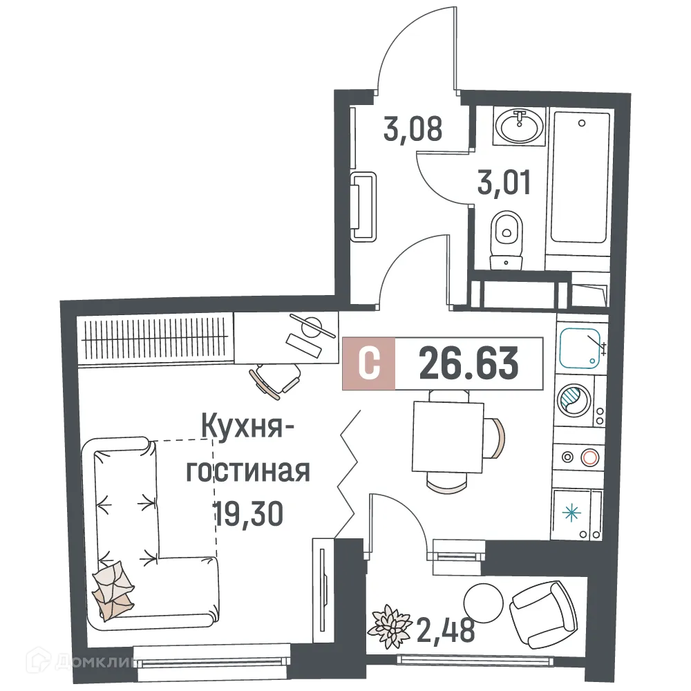 Планировка студии квартиры 26.63 м² в ЖК "Авиатор", г. Мурино — фото 1