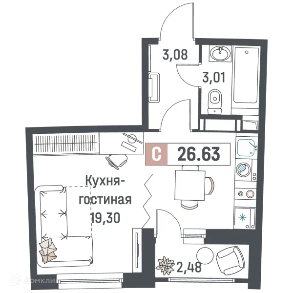 Планировка Студия в ЖК "Авиатор"
