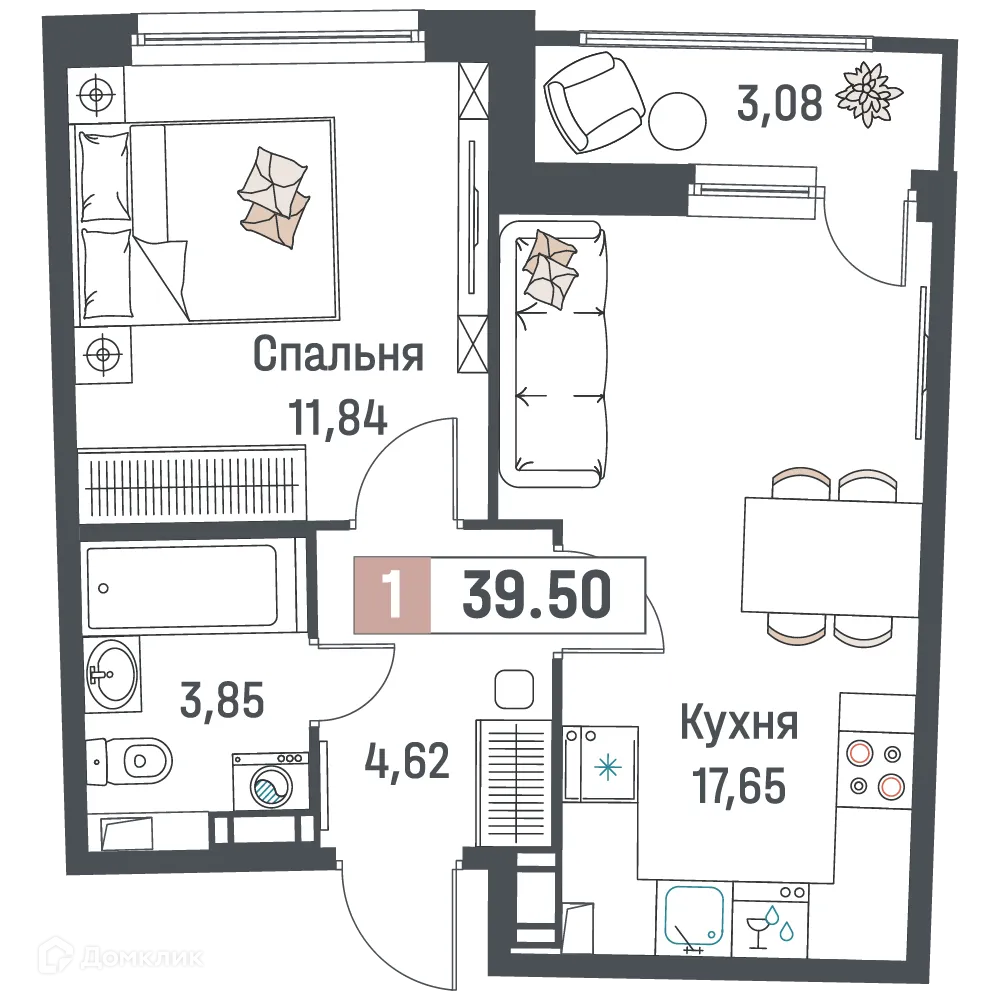 Планировка 1-комнатной квартиры 39.5 м² в ЖК "Авиатор", г. Мурино — фото 1