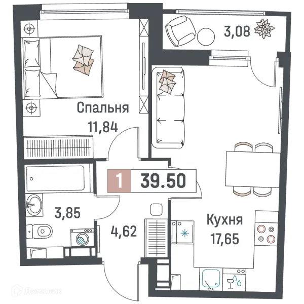 Планировка 1 комн. в ЖК "Авиатор"