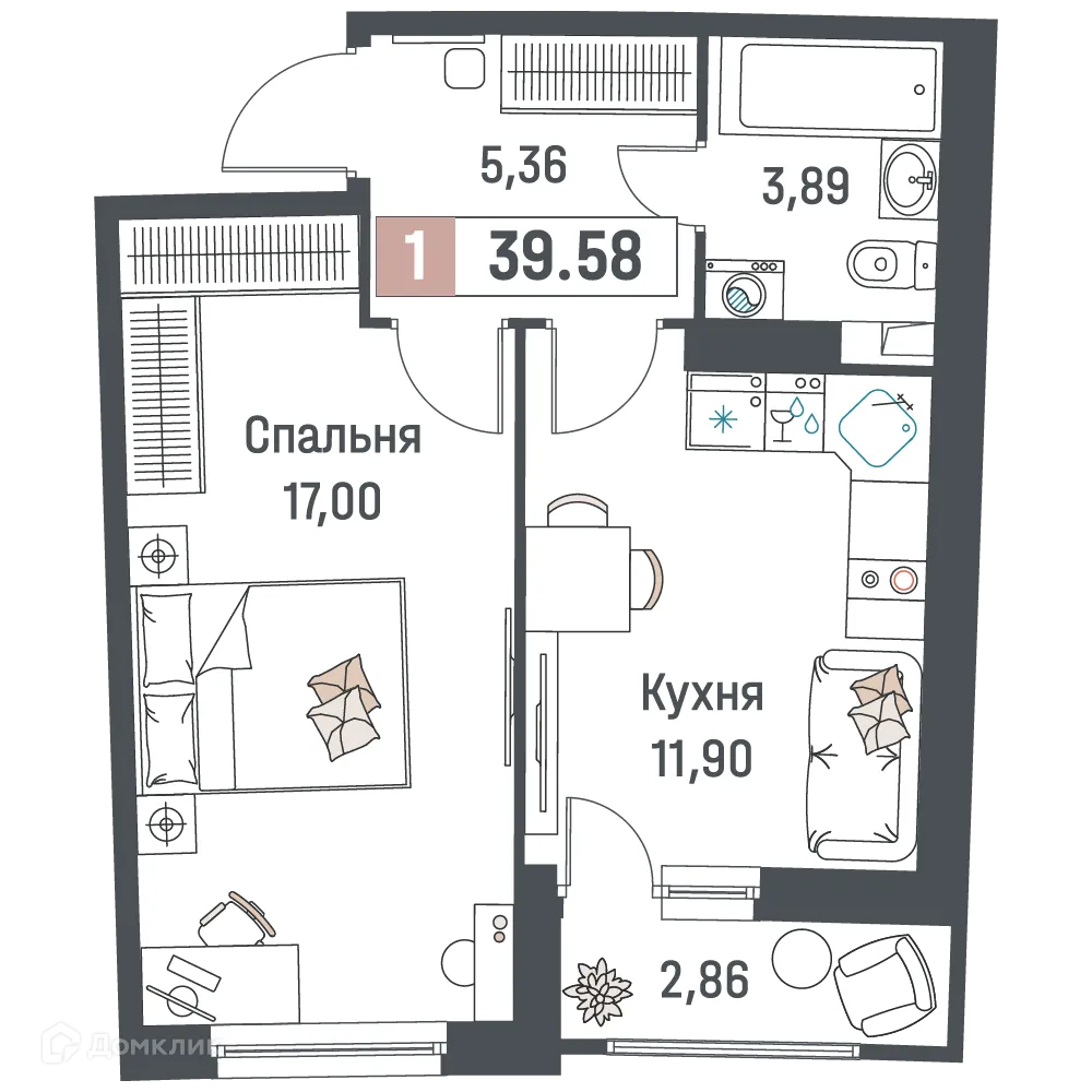Планировка 1-комнатной квартиры 39.58 м² в ЖК "Авиатор", г. Мурино — фото 1