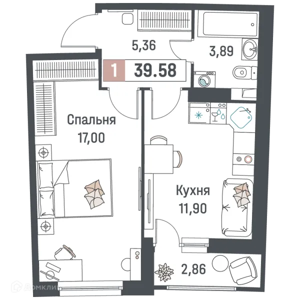 Планировка 1 комн. в ЖК "Авиатор"