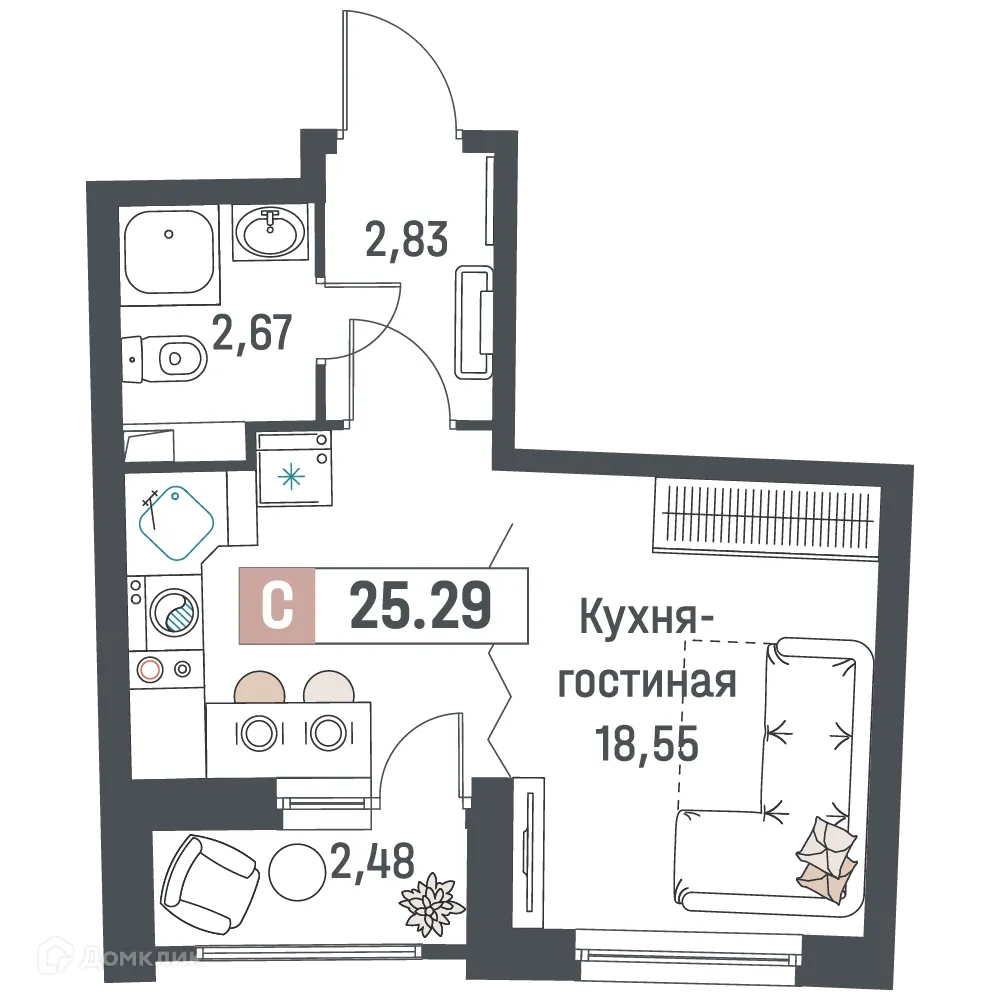 Планировка студии квартиры 25.29 м² в ЖК "Авиатор", г. Мурино — фото 1